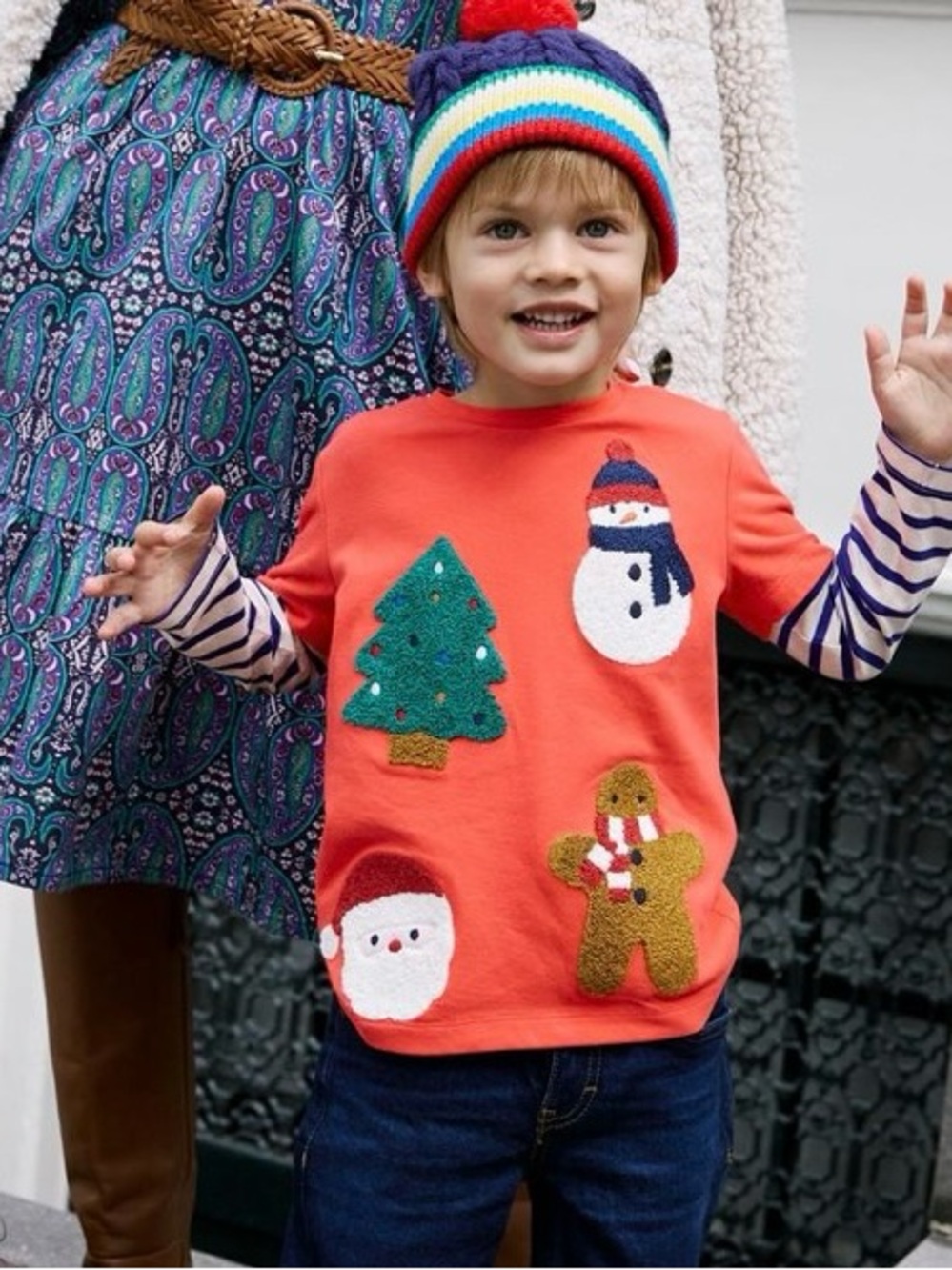 Mini Boden Christmas Applique Stripe Sleeve T-Shirt NWT